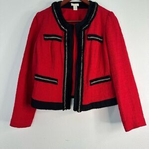 Chico’s Embellished Red & Black Tweed Open Front Blazer Jacket Womens Medium